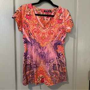 Apt. 9 Pink and Purple Paisley Short Sleeve Top Y2K McBling Rhinestone Casual V